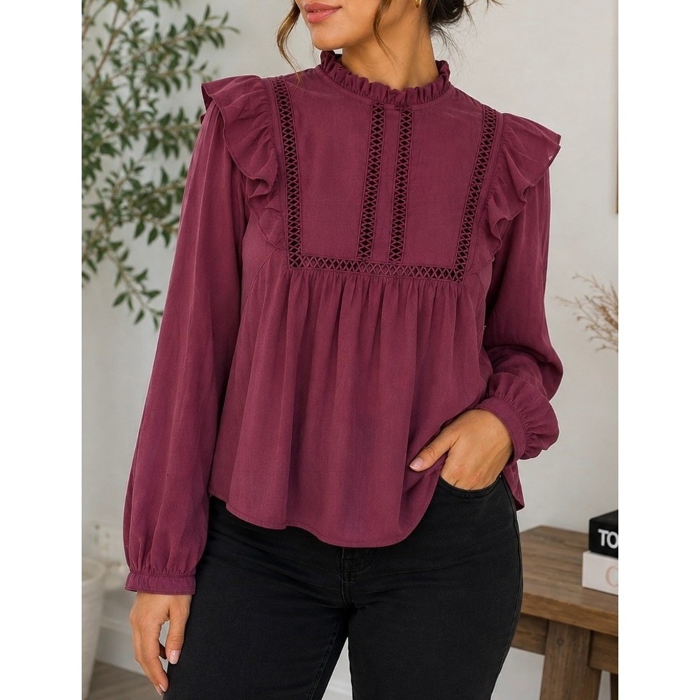 Plum Wine Ruffle Ladder Lace Long Sleeve Boho Blouse Top Size-M